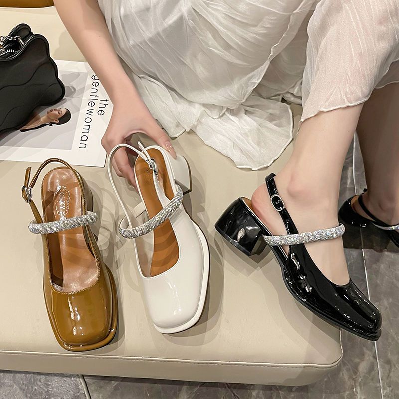 Rhinestone Square Toe Retro Mary Jane High Heels Women 2023 New Fashion Single Shoes Women Thick Heel Buckle Belt Women's Shoes