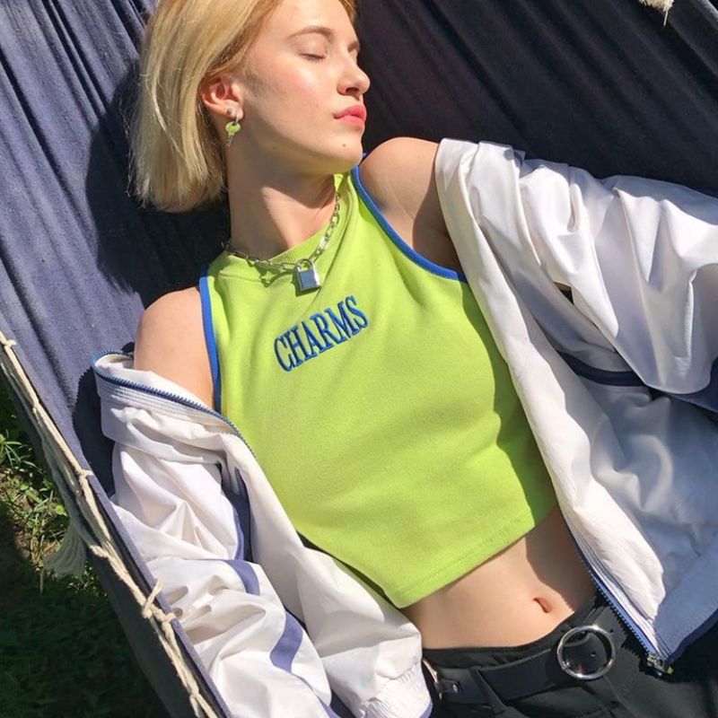 2022 new American style retro fruit green hot girl vest female tide ins summer short letter suspender T-shirt tide