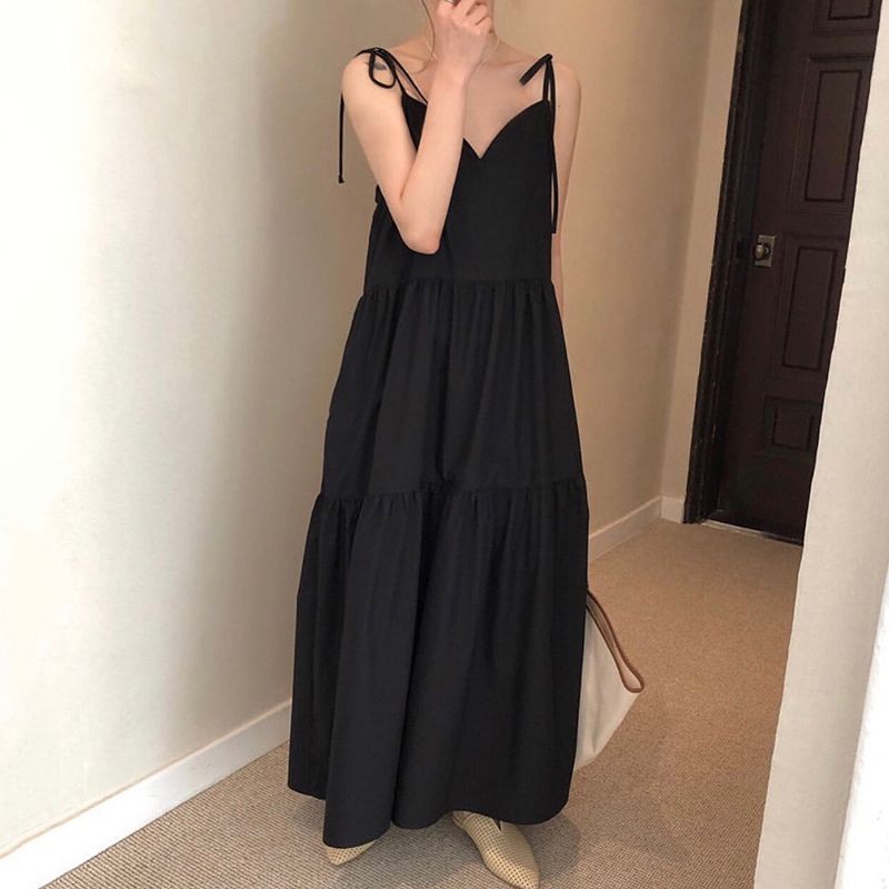 Korean chic minimalist temperament deep V-neck loose casual layered over-the-knee long suspender dress female