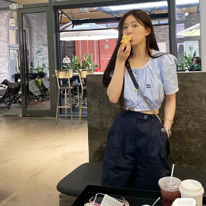 Zhao Lusi same style 2022 summer new sweet blue striped shirt top + casual high waist suit shorts trendy