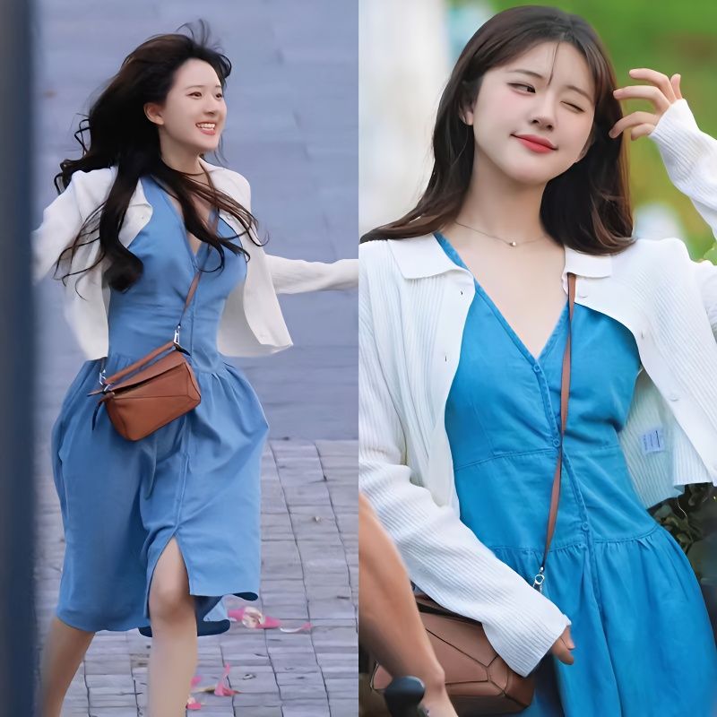 Secretly can't hide Zhao Lusi Sangzhi same style blue vest dress white polo collar knitted cardigan jacket