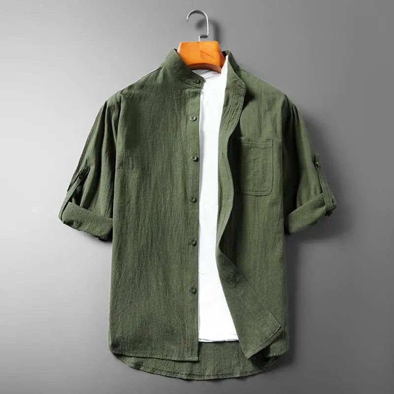 Summer cotton and linen 7 quarter-sleeved shirt men's linen plus size solid color mid-sleeve Korean style trendy short-sleeved shirt