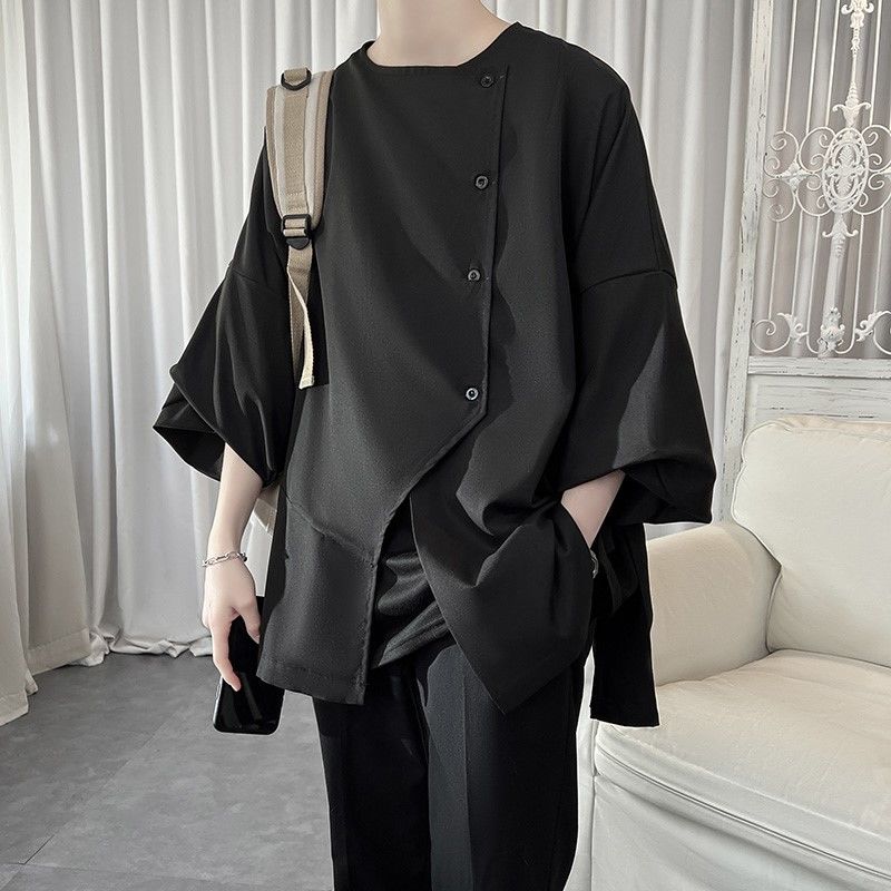 Irregular design sense shirt men's summer thin ice silk short-sleeved high-end hairstylist three-quarter sleeves