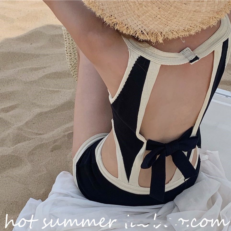 HOT SUMMER Korean style ins small fragrant style color matching bowknot open back high collar sexy one piece swimsuit niche