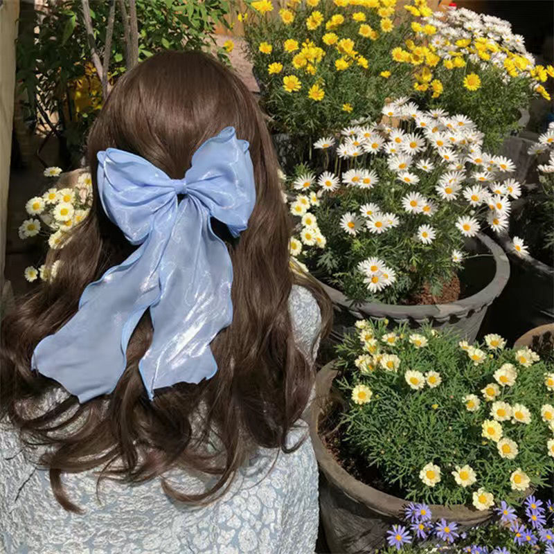 Mermaid Ji blue + apricot hair clip~bling thin flash big bow top clip back of the head temperament hair accessories female fashion