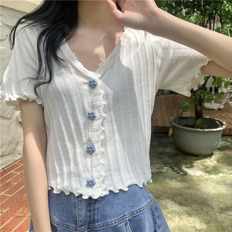 French V-neck short-sleeved sweater women's summer thin section 2023 new style white short cardigan top with wooden ears