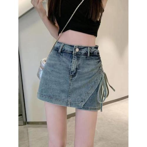 American hot girl design sense denim skirt women's summer side drawstring high waist irregular elastic bag hip culottes