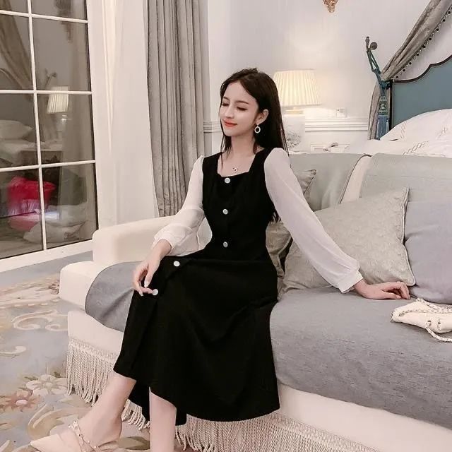 Early autumn new Korean version of ladies retro temperament small fragrance wind collage receiving waist slimming mid-length dress women