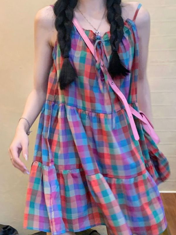 Dopamine wears a sweet color plaid suspender skirt female summer small dress loose age-reducing short skirt