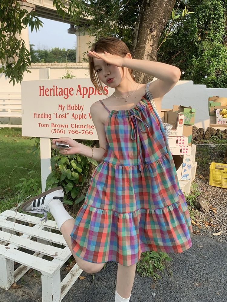 Dopamine Girl 2023 New Advanced Sexy Color Plaid Adjustable Contrasting Color Doll Skirt Sleeveless Skirt