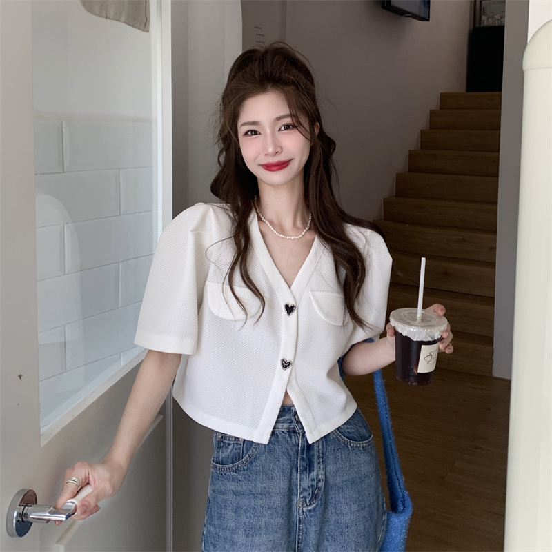 ~2023 new French V-neck shirt puff sleeve short-sleeved top