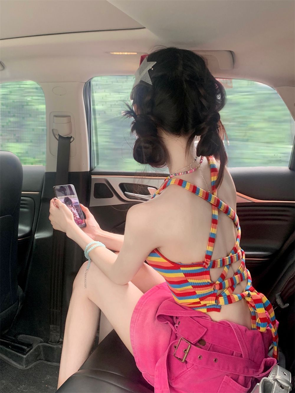 Dopamine rainbow striped camisole female summer sweet hot girl design sense short backless cross strap top