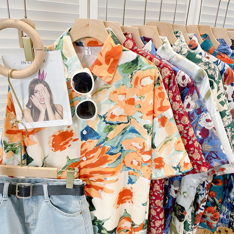 New casual lazy holiday summer Hong Kong flavor loose trendy brand blouse fashion chic floral short-sleeved women's top tide