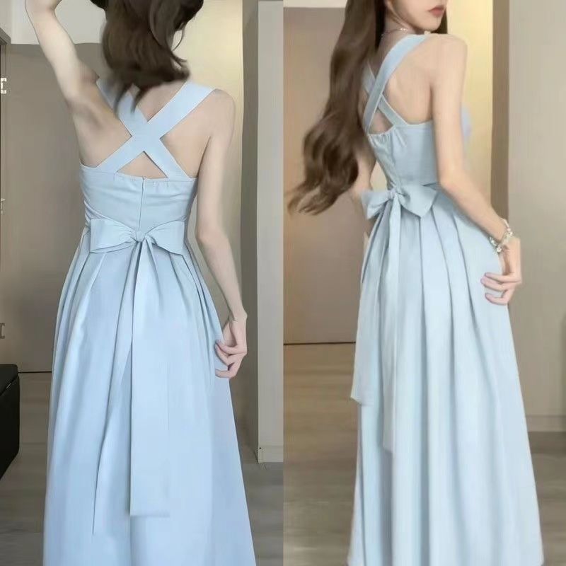 Matsumoto Sangsang Pure color sweet and gentle wind cross strap suspender skirt girlish waist super thin dress
