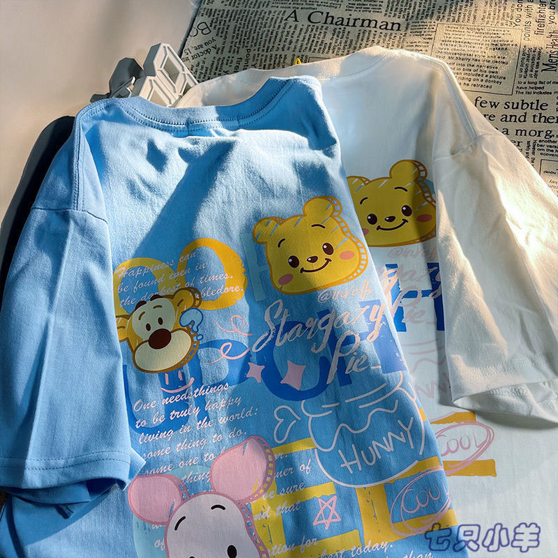 200g heavy 100 cotton niche loose all-match Korean version of ins male and female students summer cartoon couple outfit short-sleeved