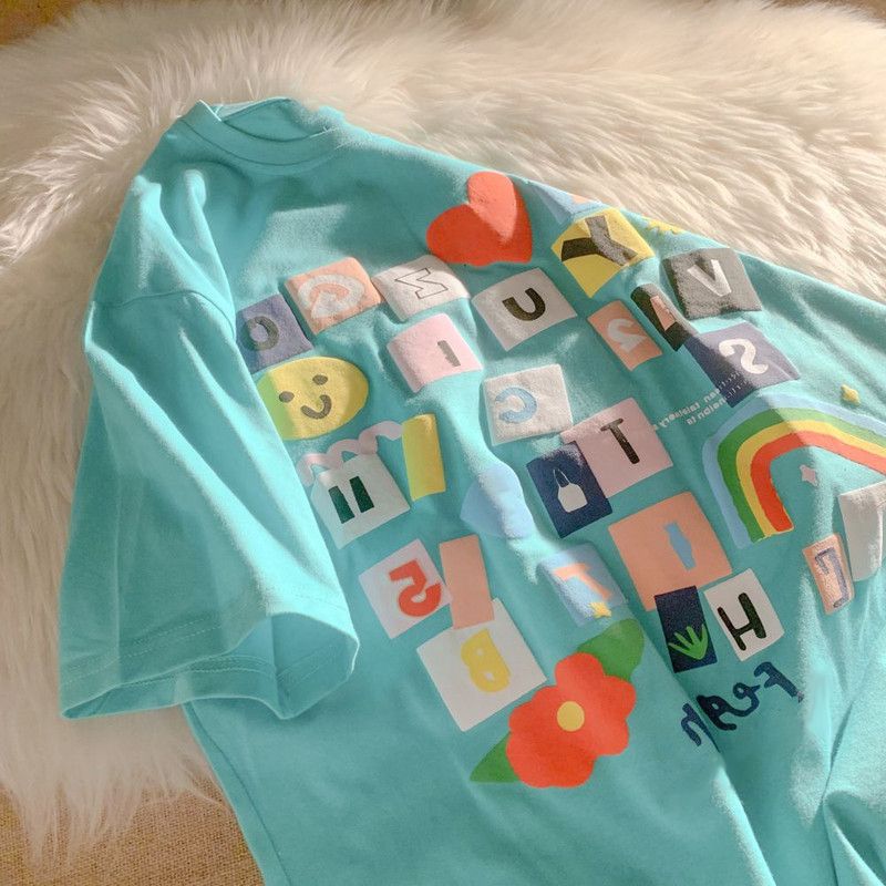 High-end 100% cotton short-sleeved T-shirt trendy brand new rainbow printed letters couple models casual all-match T-shirt t