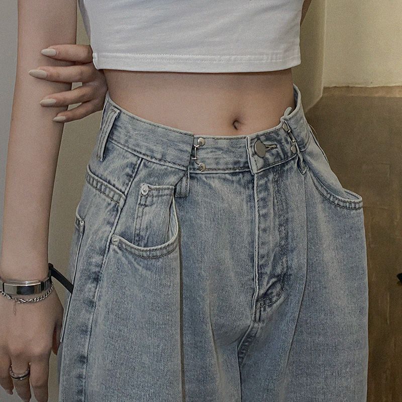 Spring new large size fat mm high waist student jeans women look thin and tall straight loose wide leg mopping pants trendy