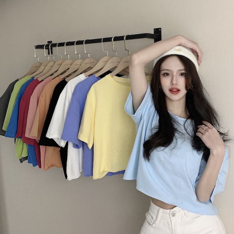 Candy color 220g heavy cotton short-sleeved t-shirt women's summer new loose ins foreign style navel short top