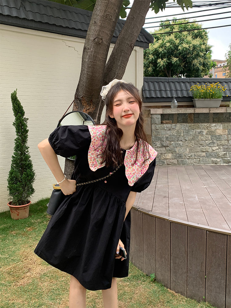 Fat mm large size women's clothing 300 catties summer Korean sweet and age-reducing loose and thin floral doll collar dress ins