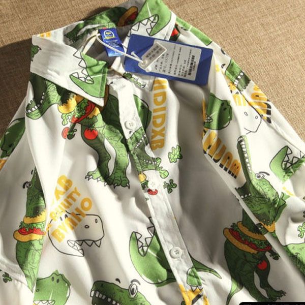 American dinosaur full print short-sleeved shirt men and women summer lazy wind loose bf couple Hong Kong style half-sleeved top tide