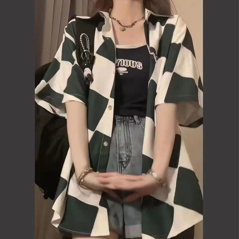 Hong Kong style trend ins loose casual short-sleeved shirt summer new fashion retro plaid all-match outerwear shirt