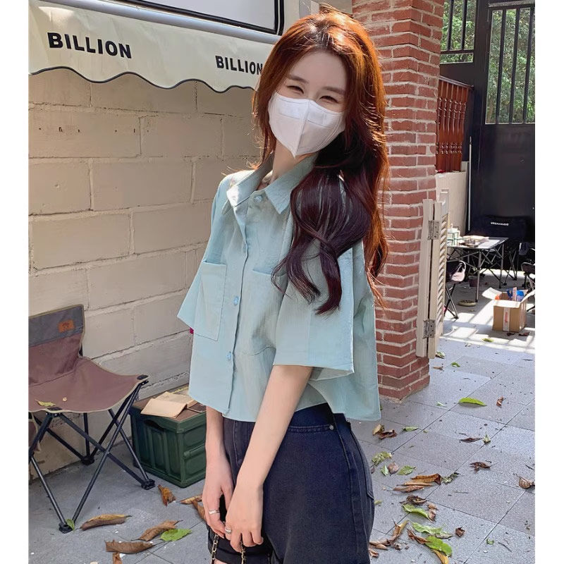 High-end design solid color short-sleeved shirt women's summer polo collar shirt cool hot girl loose all-match short top