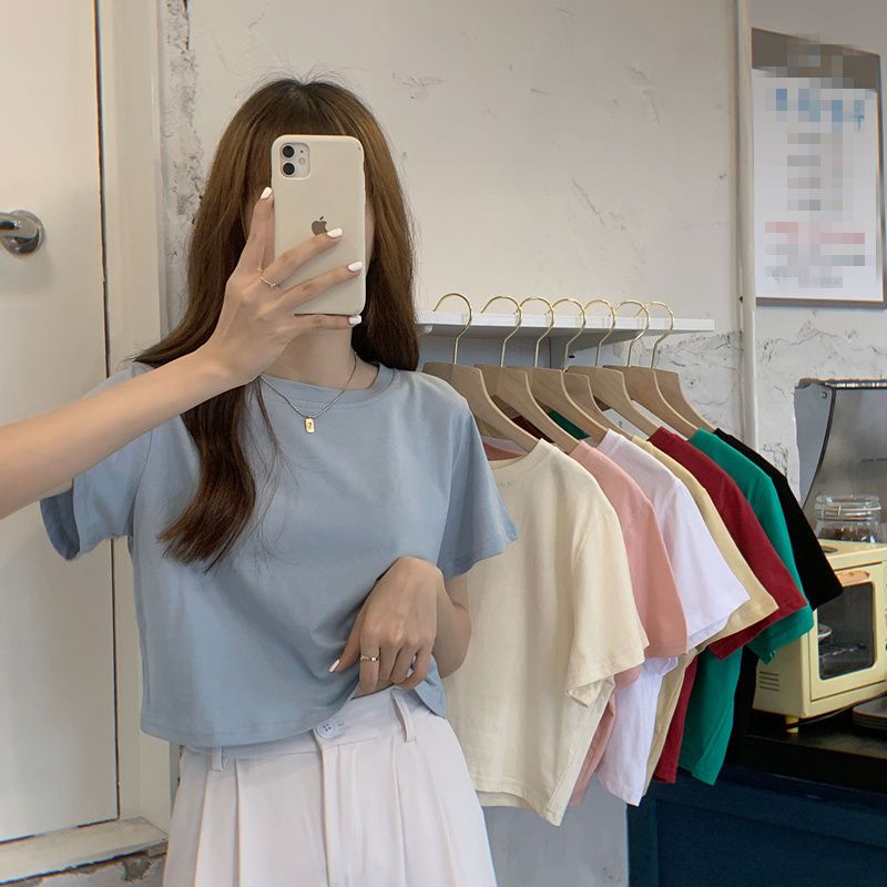 Short short-sleeved t-shirt women's 2023 new cotton small short jacket summer thin section summer high waist T-shirt