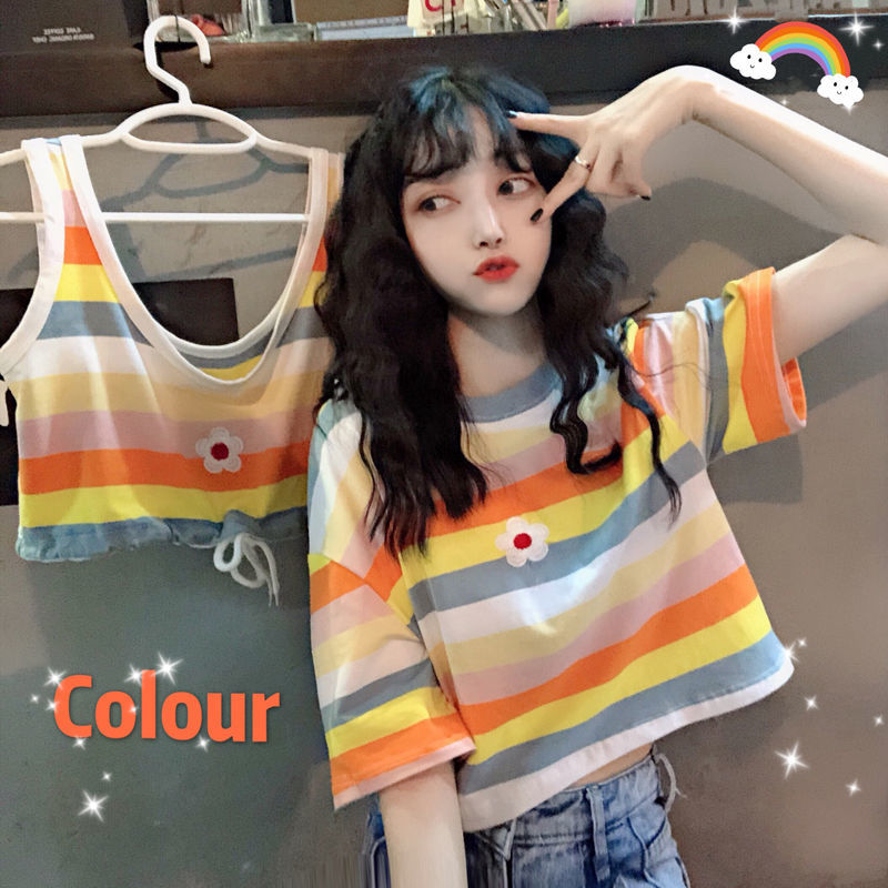 Summer Korean version 2021 new Hyuna style super hot color stripe embroidery florets loose short short-sleeved T-shirt for women