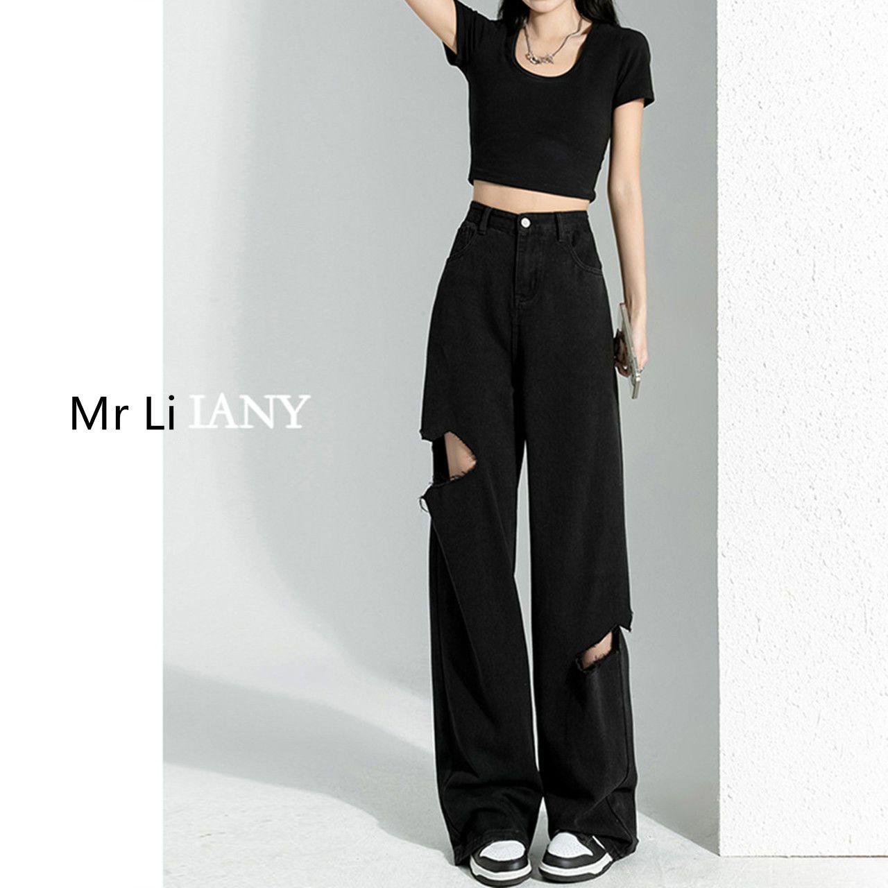 Black ripped denim women's high street straight summer thin section salt system loose drape high waist wide leg mopping trousers trendy