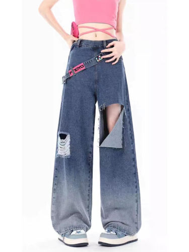 American style vibe retro gradient ripped jeans women's high waist design loose and slim straight wide leg pants trendy