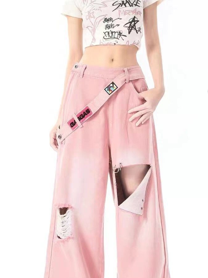 Pink gradient ripped jeans women's summer thin section straight loose wide-leg pants dopamine wear with Xiaoxiang trend