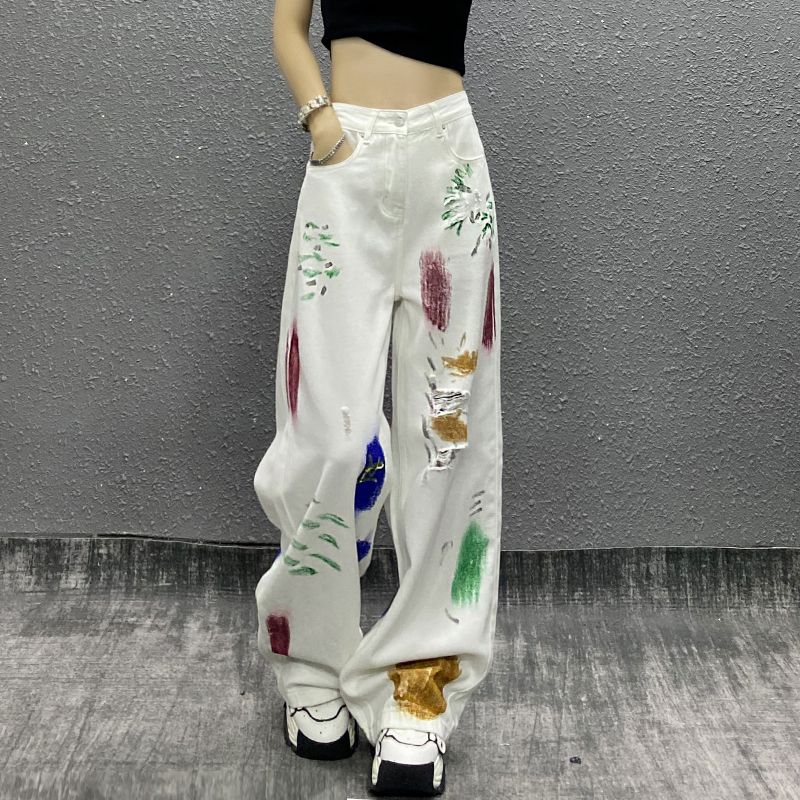 Personalized painted ripped white jeans women's summer new high waist loose slim straight all-match wide-leg floor mopping pants