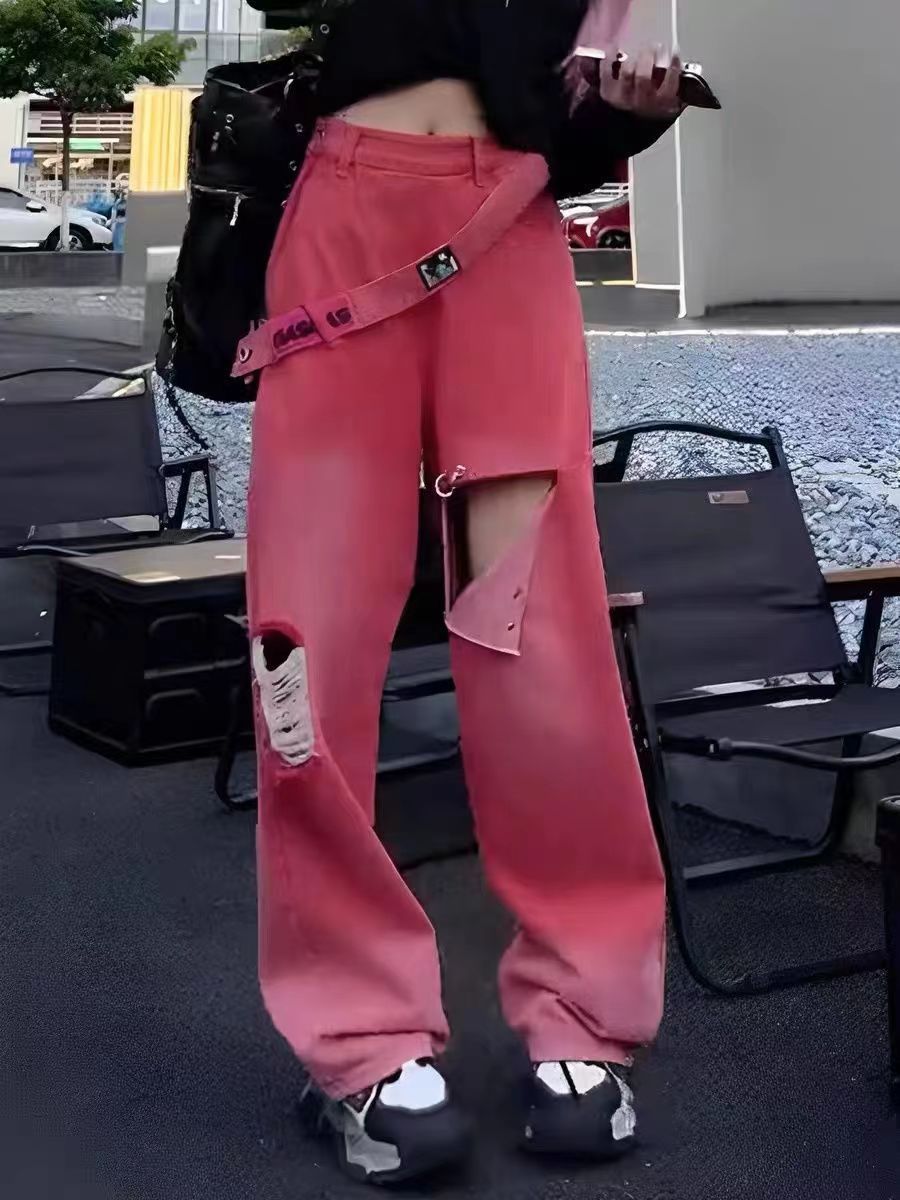 Dopamine Sweet Cool Pure Desire Hole Hole Workwear Jeans Women's Fat mm Large Size Mori Niche Drape Wide Leg Mopping Pants