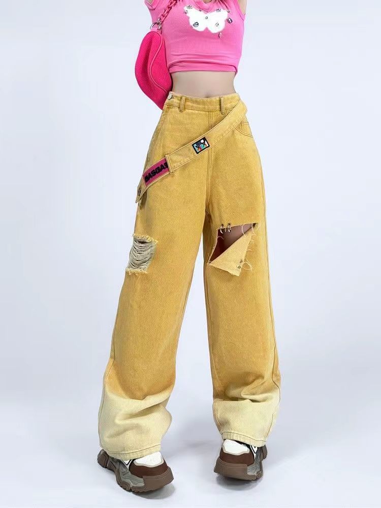 Dopamine gradient design sense jeans women's summer ins new loose and versatile ripped straight wide-leg trousers