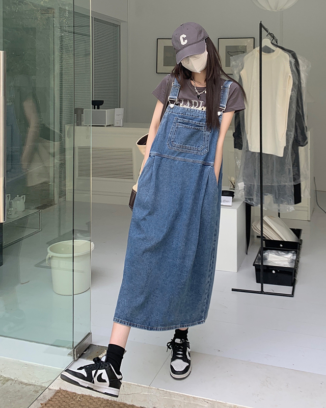 Retro age-reducing denim suspender skirt women's retro all-match casual straight loose dress trendy