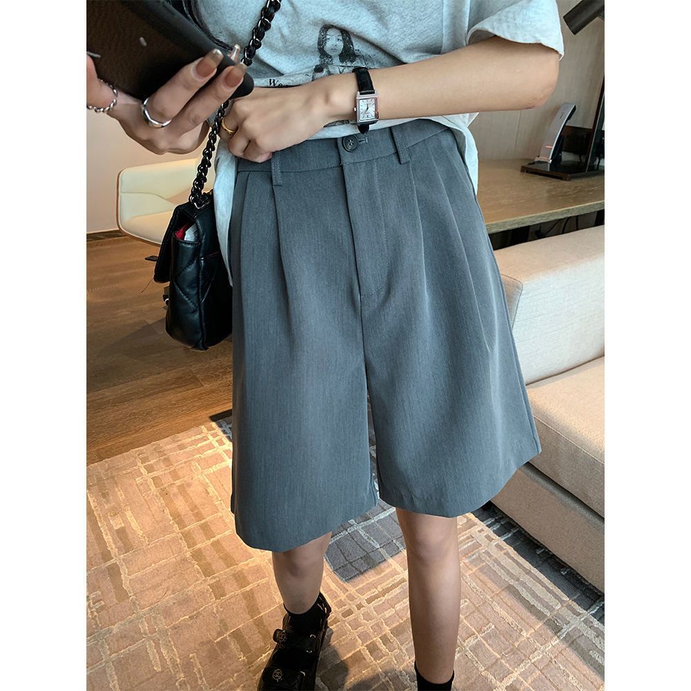 Large size suit short pants summer thin section high waist sports casual pants loose slim straight wide leg five-point pants women
