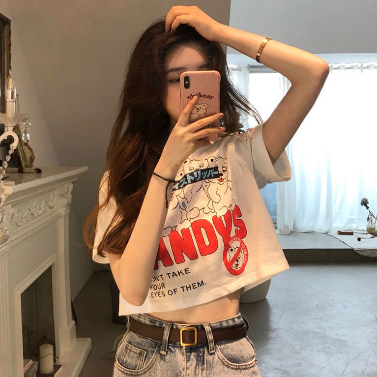 Short-sleeved t-shirt women's short slim fit short top Hyuna style scheming high waist navel exposed new all-match sexy