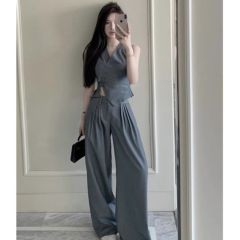 Korean-style western-style suit fashionable and thin irregular vest vest + wide-leg suit pants a complete set of two-piece suits for women