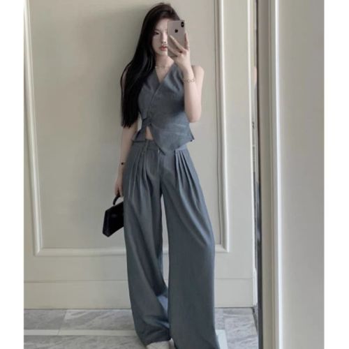 Korean-style western-style suit fashionable and thin irregular vest vest + wide-leg suit pants a complete set of two-piece suits for women