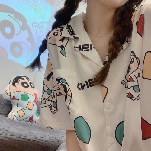 Spring and summer ice silk pajamas women's short-sleeved crayon Shinchan cute cartoon silk thin section home service suit spring and summer