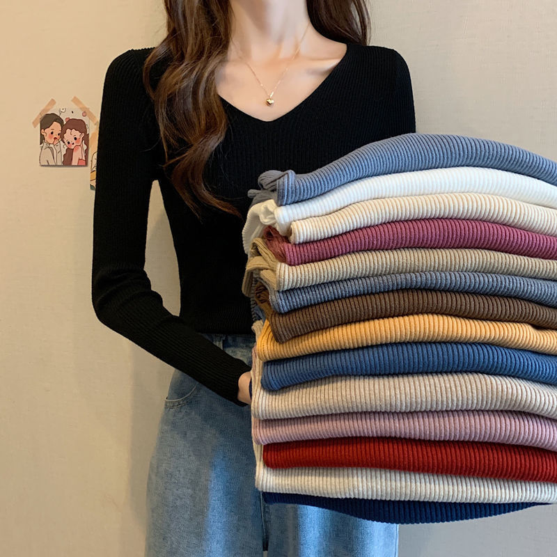 Autumn and winter new slim fit tight v-neck long-sleeved knitted sweater tops spring and autumn foreign style sweater ladies bottoming shirt