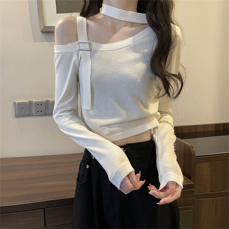Design sense niche T-shirt autumn and winter 2021 new trendy sexy one-shoulder knitted long-sleeved