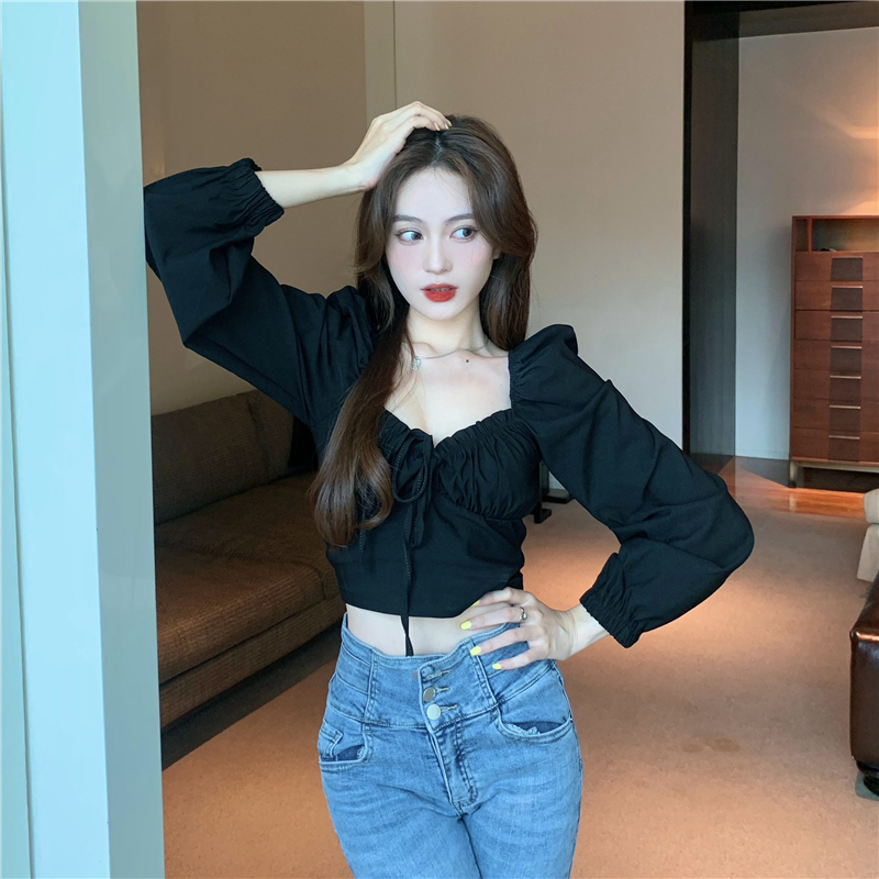 Korean version drawstring pleated puff sleeves slim fit and slim short all-match long-sleeved temperament top