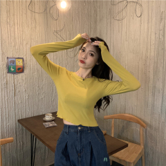 Autumn basic round neck long-sleeved T-shirt top with wooden ears