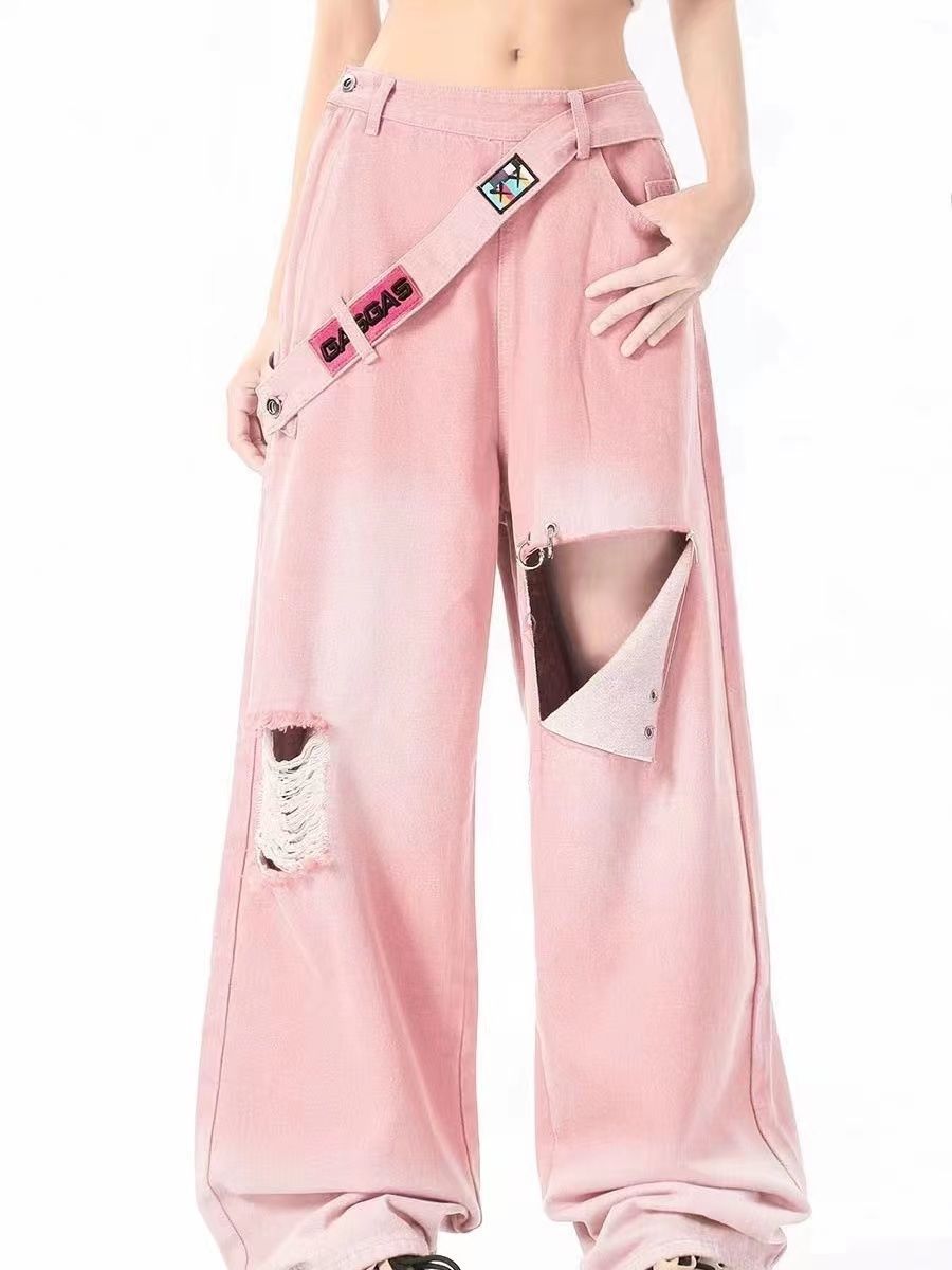 Large size sweet cool hot girl ripped tooling jeans female fat mm retro niche high street design wide-leg casual pants