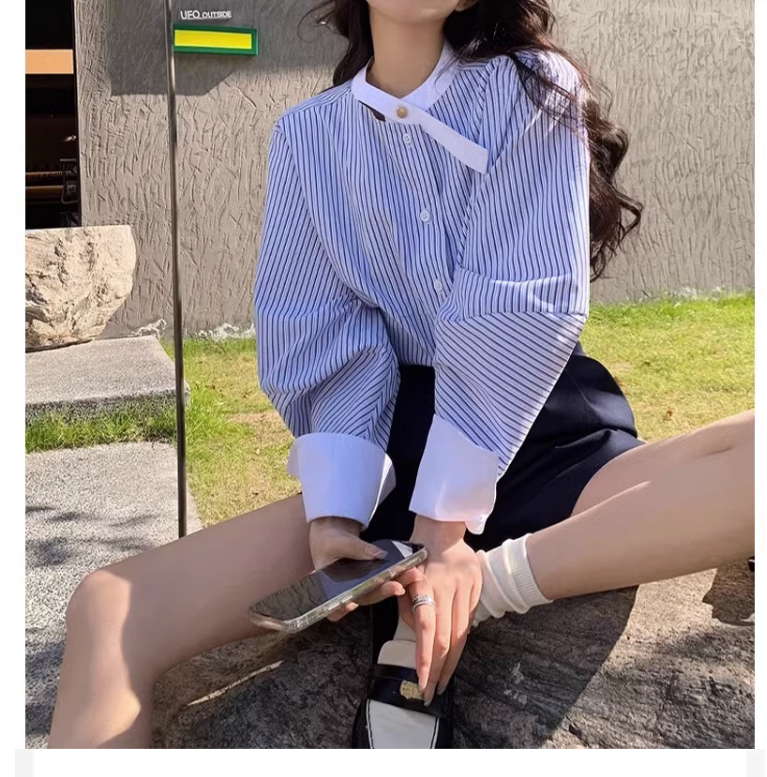 Blue stand-up collar striped shirt female spring and autumn design sense niche French shirt high-end long-sleeved top small man