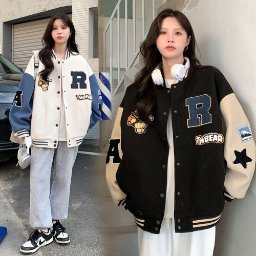 2023 hot picture + double screw mouth plus velvet baseball uniform women's autumn and winter new American style retro student sweater all-match loose
