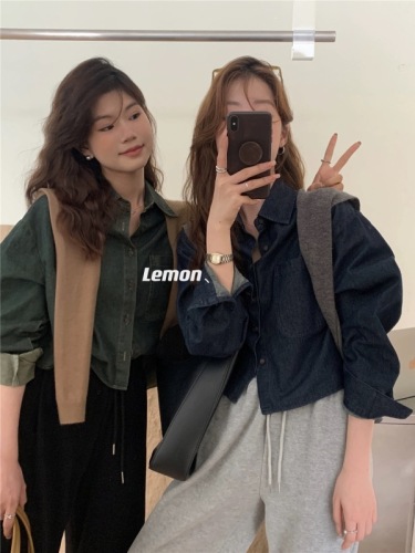 THE LEMON Lemon Green Tea Retro Dark Denim Shirt Women's Autumn Loose and Versatile Long-sleeved Shirt