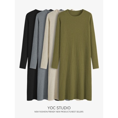 Autumn and winter new round neck loose long-sleeved knitted dress women's French retro long section knee-length bottoming skirt