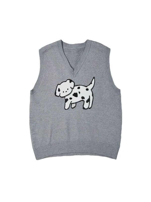 High-quality autumn college style V-neck gray cartoon loose all-match knitted cotton cashmere vest girl